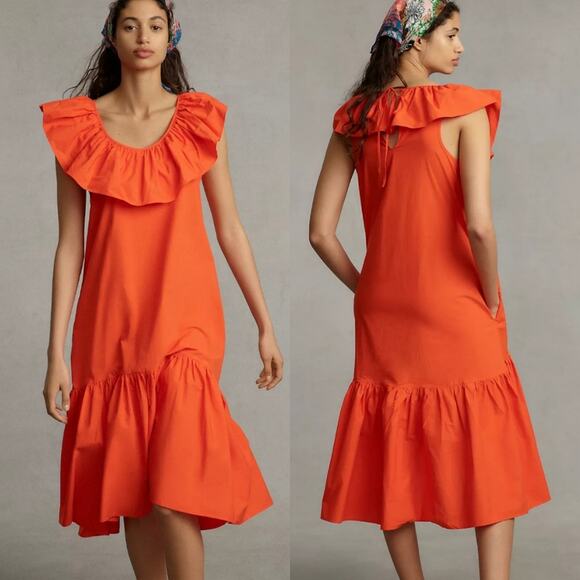 NWT Whit Two Anthropologie Flouncy Ruffled Maxi Dress in Red Vermillion - Picture 1 of 10
